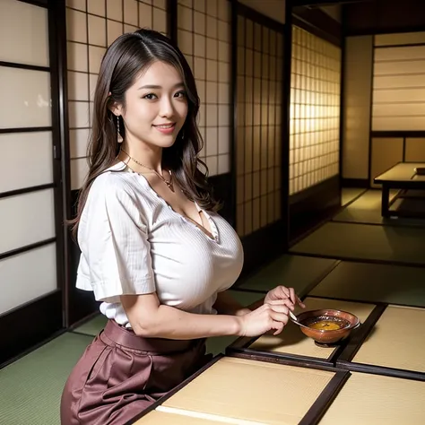 (Extreme Wide Shot:1.3),(Japanese woman:1.3),(huge breasts:1.5),(Slim waist:1.3),(v-neck shirt:1.2),(Thin eyebrows),(smile:1.3),(dark skin:1.3),heavy makeup:1.3, necklace,Earrings,(traditional Japanese restaurant:1.4),highest quality,(((masterpiece))),8k,(...