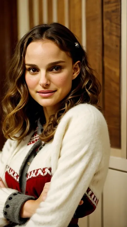 Natalie Portman with wavy hair dressed in traditional Nordic clothing and a sexy smile.