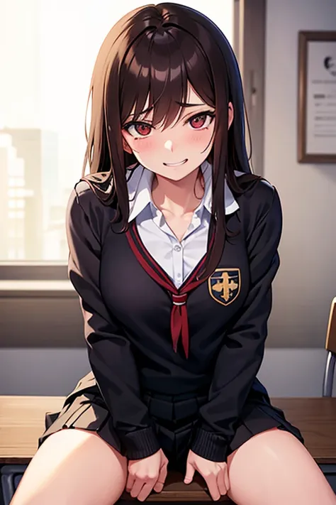 Chica anime de aspecto intimidante, with long brown hair, ojos rojos, She is sitting cross-legged at a desk in a school room, lleva uniforme escolar negro, smiles in a Machiavellian and sensual way, with a lascivious and ecstatic expression on his face. 