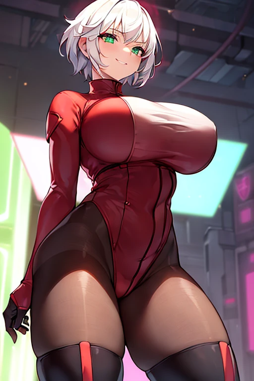 1girl, white hair, very short hair, red bodysuit, bodysuit, green eyes, futuristic, machinery, science-fiction, huge breasts, toned, breasts, thick thighs, smile, thighhighs, black thighhighs, ((black thighhighs)), neon trim, neon, neon lights, ((red bodys...