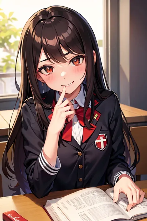 Chica anime de aspecto intimidante, with long brown hair, ojos rojos, She is sitting cross-legged at a desk in a school room, lleva uniforme escolar negro, smiles in a Machiavellian and sensual way, with a lascivious and ecstatic expression on his face. Ti...