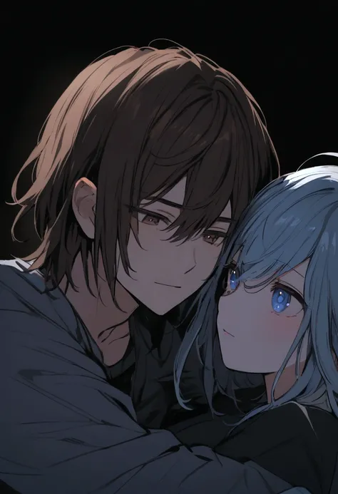 a boy with black brown hair and brown eyes in front of a girl with long light blue hair and blue eyes, both leaning against each other, hidden in the dark, romance