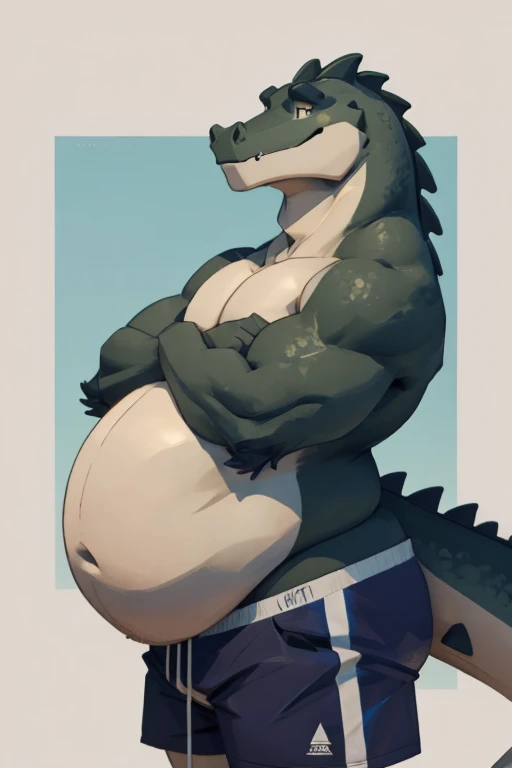  Giant anthropomorphic crocodile, swim trunks, massive, big obese belly, arms crossed , plump face, thick neck, profile , belly is round, belly is like a ball, stomach is triangular, body is buried by fat