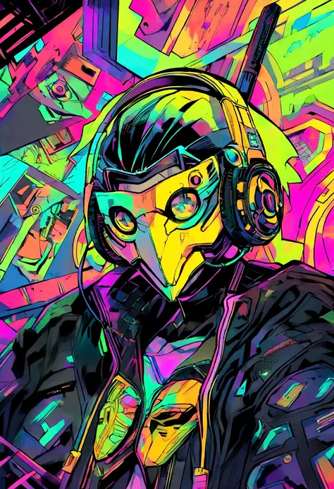 Create a logo icon featuring a cartoon hawk wearing headsets and listening to music, using a mask with yellow glasses. The hawk should be dressed in dark, cyberpunk techno-style clothing. The logo should have a comic book cartoon style, conveying a modern,...