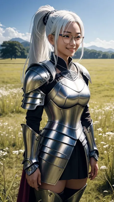 Ayaka, the Solemn Knight with a Ponytail, wearing Glasses and White Hair, muscular physique, is standing in the middle of a Field Background, adding a touch of Knight Armor(0.7) to her charm. She has a Medium Breast and an inviting Smile with her Hair Acce...