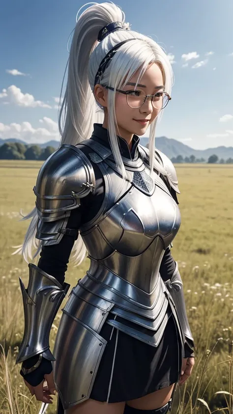 Ayaka, the Solemn Knight with a Ponytail, wearing Glasses and White Hair, muscular physique, is standing in the middle of a Field Background, adding a touch of Knight Armor(0.7) to her charm. She has a Medium Breast and an inviting Smile with her Hair Acce...