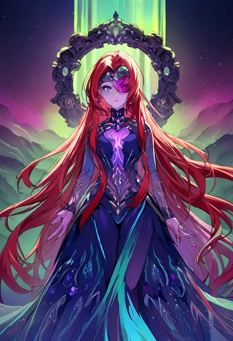 a female anime character with long flowing red hair, which appears to be made of ethereal, wavy patterns reminiscent of the aurora borealis or Northern Lights. The background is dominated by deep blues and purples, creating a mysterious and dramatic atmosp...