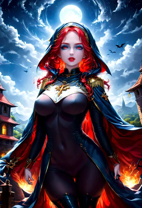 a picture of an exquisite beautiful female nun vampire standing under the starry night sky on the porch of her monastery, ultra feminine, (pale skin: 1.3), red hair, wavy hair, dynamic eyes color, cold eyes, glowing eyes, intense eyes, dark red lips, ((fan...