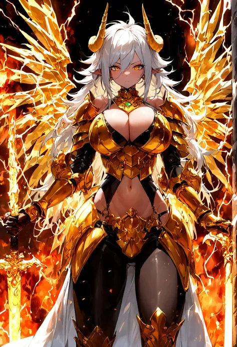 ((Lightning Power)), ((Electricity)), ((Fire Background)), ((android 21 Evil)), (((white Coat))), (((Darkness power))), (((Busty))), (((((Big breast:1,3)))), luxury bustier corset, ((silver hair)), (((Very slim waist))), propotional body, ((Gorgeous)), ((F...