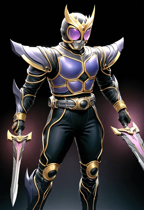 a tomboy girl with short black hair, beautiful sharp purple glowing eyes, wearing kuuga armor, holding a broad sword, (best qual...