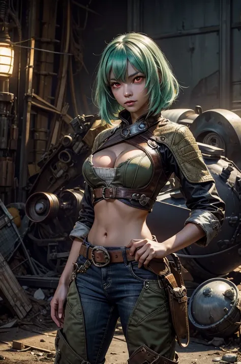 emeraldsustrai, emerald sustrai, short hair, (red eyes:1.5), green hair, dark skin, dark-skinned female, BREAK navel, cleavage, midriff, belt, cleavage cutout, chaps,  BREAK (standing in airplane scrapyard), in valley, hand on hip, BREAK mega city in backg...