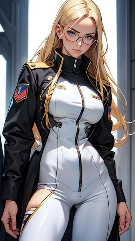 Beautiful cybernetic girl detailed muscles realistic masterpieces full figure pose (best quality,ultra-detailed), blonde straight hair, glasses, fair skin, fit body, slim figure, narrow waist, large buttocks, (cocky expression), formal military dress unifo...