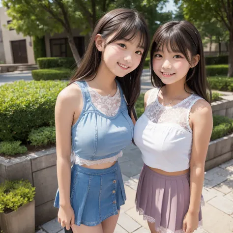 (high quality)、(high resolution)、Two elementary school students、Looking at me with a smile、whole body、Big Breasts、Lace mini skirt、Lace sleeveless shirt、Angle from below