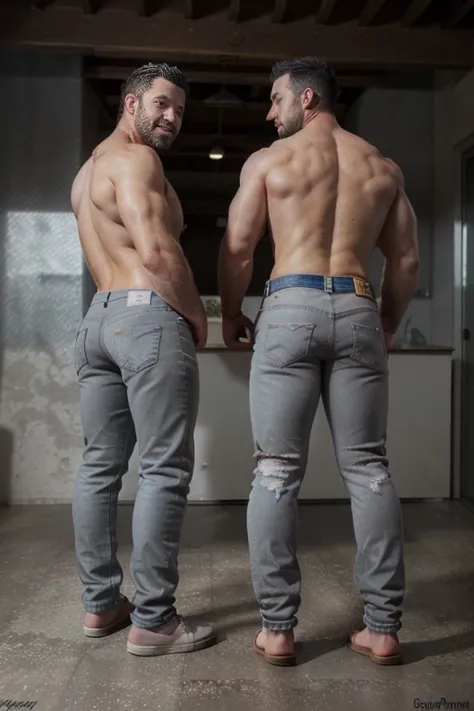 Award-winning original photoen, 30 years old man and wild muscular man, 40 years old, short beards, burly, hunk, wearing shirts, smilling happil, detailed, lovely, ((full body)), (((shirtless )))(((gray jeans))) (((backside))) (((Big butt)))