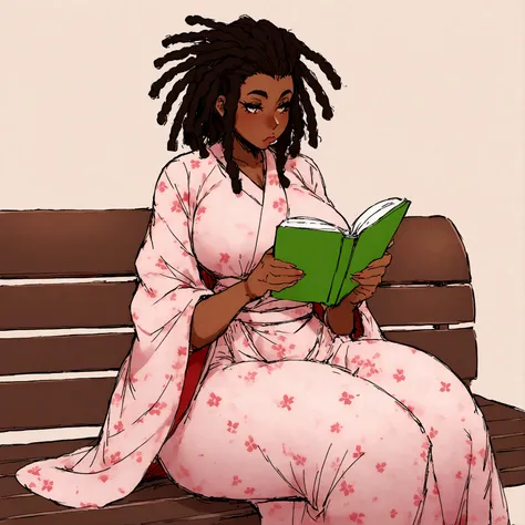 a sexy, curvy ebony skinned milf with long red dreadlocks in a flowing sakura dress on a bench reading a book, big monkey lips