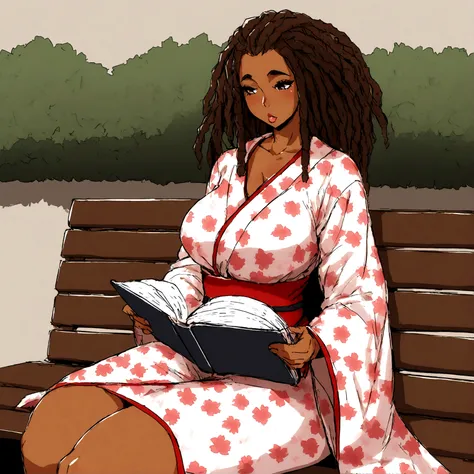 a sexy, curvy ebony skinned milf with long red dreadlocks in a flowing sakura dress on a bench reading a book, big monkey lips