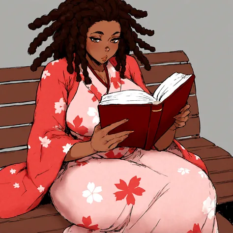 a sexy, curvy ebony skinned milf with long red dreadlocks in a flowing sakura dress on a bench reading a book, big monkey lips