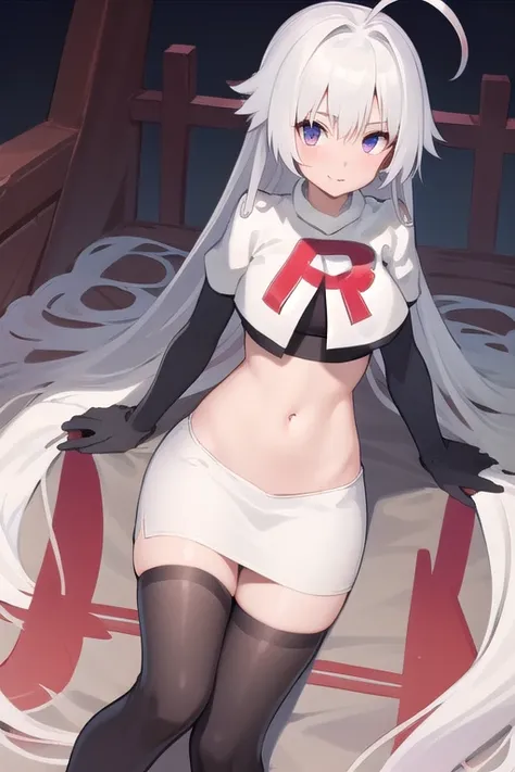 masterpiece, best quality, 1 girl  white hair, ahoge, team rocket,team rocket uniform,white skirt,red letter r,crop top,black th...