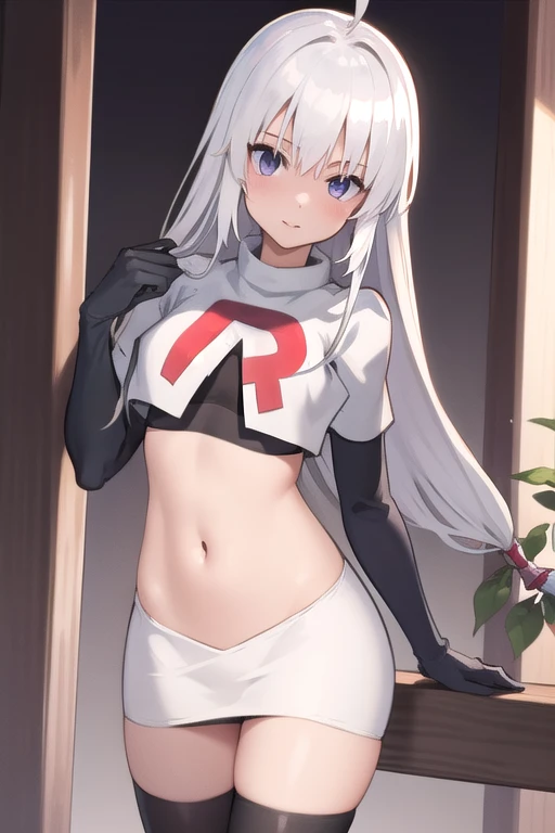 masterpiece, best quality, 1 girl  white hair, long hair,ahoge, team rocket,team rocket uniform,white skirt,red letter r,crop to...