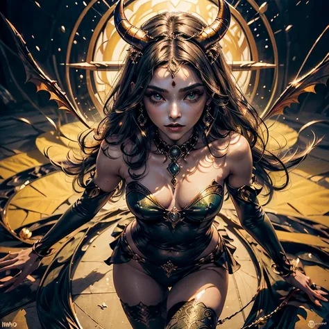 ((imagem perfeita)), ((rosto perfeito)), ((ultra detalhado)), ((corpo inteiro)), ((corpo perfeito)), ((demon woman))uma mulher com cauda, horns on head, orelhas pontiagudas, olhos amarelos, em roupas sensuais em cima de um circulo magico brilhando em um qu...