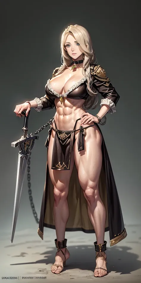 full body toe to head, masterpiece, 1soloMILF BIMBO standing loincloth pose, leather collar choker neck bell shackles wristbands bracers bracelets sleeves and stockings, strong body, abs, shiny skin (masterpiece, best quality) 1girlsolo wearing 40K Warhamm...