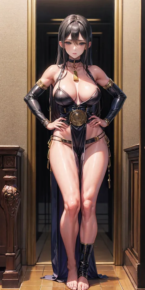 full body toe to head, masterpiece, 1soloMILF BIMBO standing loincloth pose hands on hips, leather collar choker neck bell