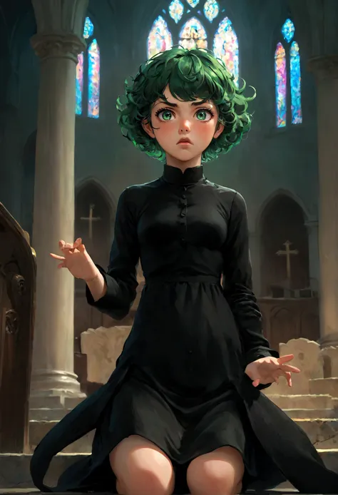 1girl, tatsumaki, green hair, green eyes, black dress, short hair, curly hair, (disgusted face, disgusted look), looking at view...