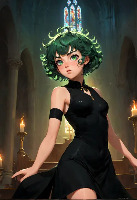 1girl, tatsumaki, green hair, green eyes, black dress, short hair, curly hair, (disgusted face, disgusted look), looking at view...