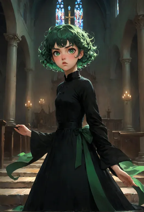 1girl, tatsumaki, green hair, green eyes, black dress, short hair, curly hair, (disgusted face, disgusted look), looking at view...