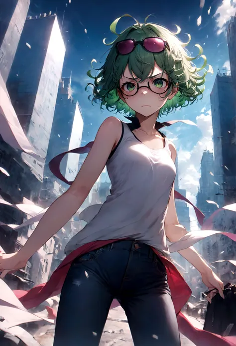 1girl, tatsumaki, green hair, green eyes, short hair, curly hair, white tank top, jeans, eyewear on head, (disgusted face, disgu...