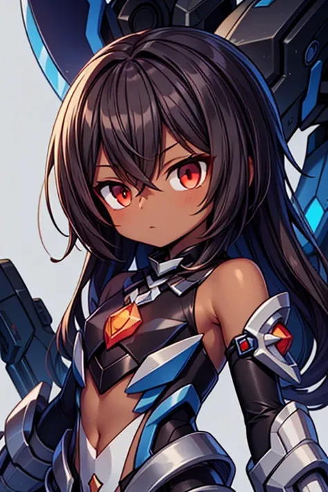 (((dark skin tone))),dark skin male, femboy, dark skin, cute shota,red eyes, blue mecha hairpin, dark brown hair medium hair,wea...