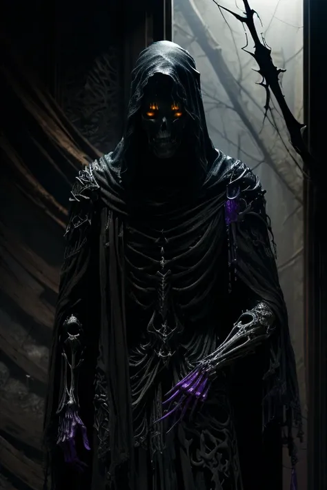 ((realistic illustration:1.4)),(dark fantasy:1.3), ((male)). ((hooded))(black skeleton:1.2)((shadow:1.1)) (wraith), wearing ((bl...