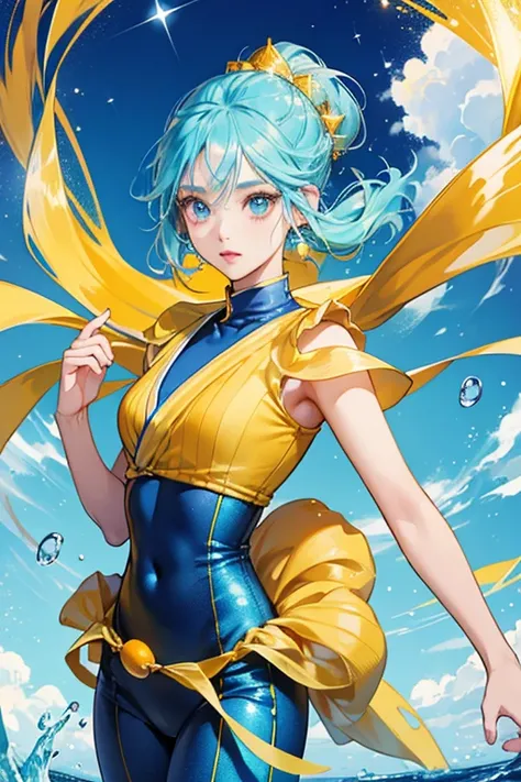 she has an orange shaped body. she wear blue pants, a white and yellow striped floating ring with the word "Biwako", and a yellow bike on top of her hair that resembles water. she have blue lips and eyes shaped like water drops. SPARKLE; GLITTER