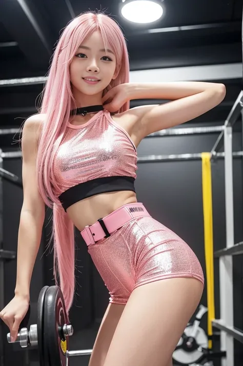 (Pink Hair :1.3), Tall and sporty Indonesian model、Bright smile、、、whole body、Very long, shiny and stylish hair、、、Dramatic Pose、Good style、、、、、、、、Fluorescent pink and yellow sparkly tight shorts costume、Strapless top、、Pink blonde hair、、、cyber belt、Large spa...