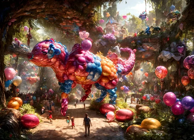 a zoo full of balloon animals, pretzel people wandering the trails, colorful and whimsical balloon animals, cute and playful bal...