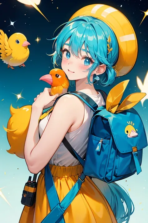 Sacktchi resembles a yellow backpack with straps sticking out of her back and a flap on her head. She has blue colored blush and an orange beak. SPARKLE; GLITTER