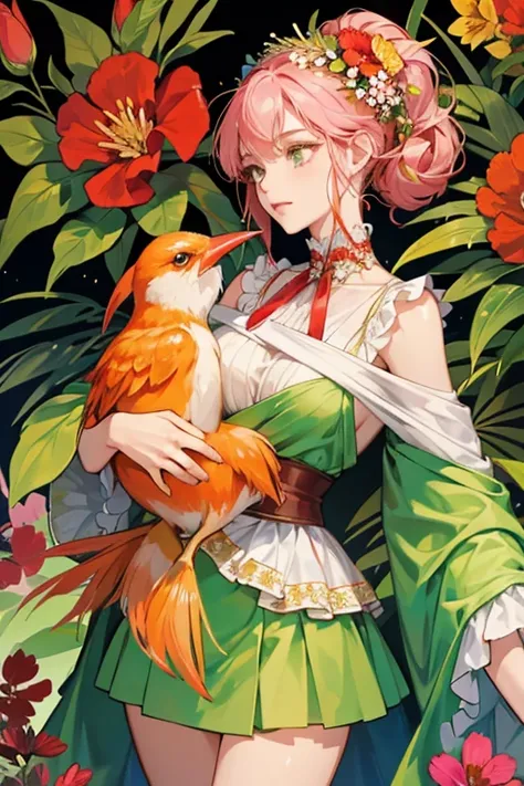 Sales Birds torso looks like a green bush with red flowers. Her neck and legs are long, skinny, and yellow. She has beady eyes, pink cheeks, an orange beak, and a red flower on the right side of her head. She carries drinks on her back. She is usually depi...