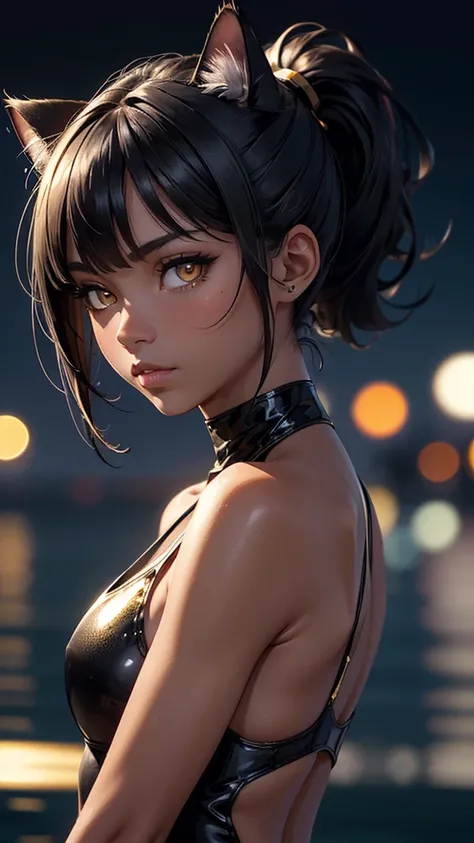 (high resolution, upper body, soft skin:1.2),(best illustration,masterpiece:1.2),ultra-detailed,[(cat ears , black inside:1.2, black ponytail hair, gold eyes, cat eyes, dark skin),vivid colors,sharp focus,studio lighting,bokeh, wearing a WHITE Plunge One P...