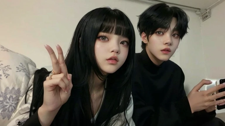 there is a woman and a  that are posing for a picture, son Jennie de blackpink y taehyung de bts, el corte de hime, jisoo de blackpink y jungkook bts, she has black hair Con flequillo, Jennie blackpink y taehyung BTS, sui ishida con negro hair, con negro, ...