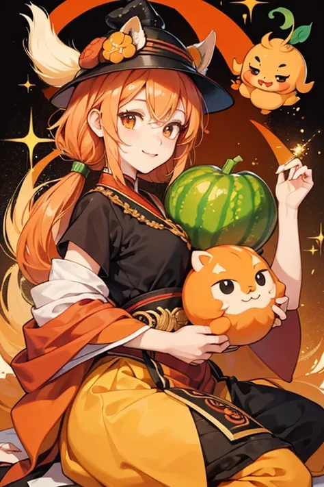 Shisagoyatchi is a bitter melon wearing a hat resembling an orange shisa dog. She also has a dark red tail. SPARKLE; GLITTER