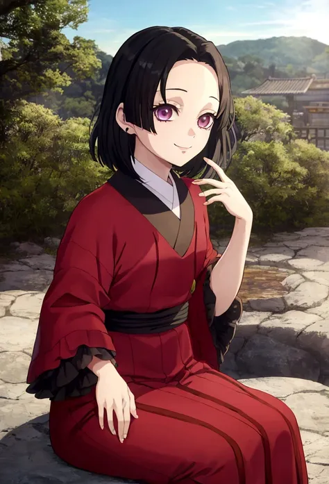 ((mejor calidad)),screenshort Estilo Kimetsu no Yaiba,una chica alone,con un traje de cazador de demonios, calm expression,mirando la el lirio,a little smile,ojos marrones brillo, cabello Bob,casa japonesa,warm light,aretes de luna,con un lirio en su mano,...