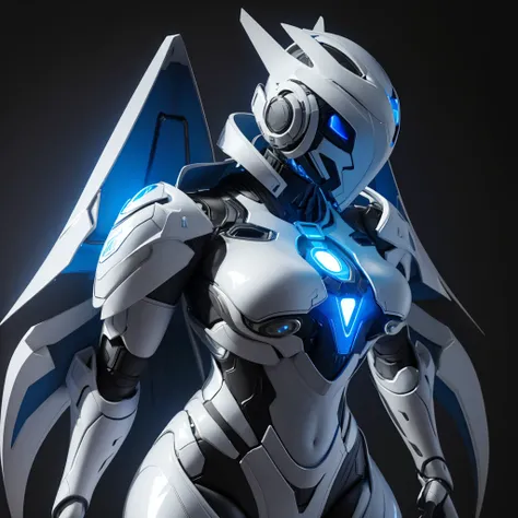 Dronificated unknown woman in a fully enclosed white latex fullbody suit with blue lights across the suit and star shaped glowing core in the chest, fully enclosed cyber helmet that cover her whole face and hides her identity with a blue screen that has a ...