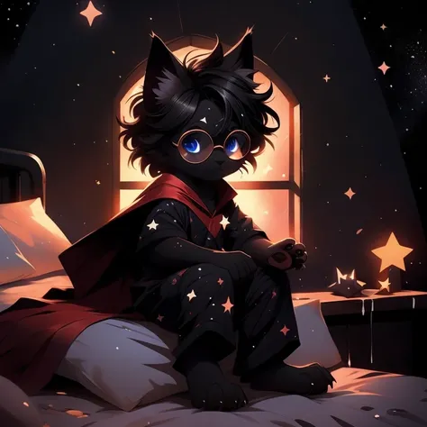 Character (fluffy black fur feline), fur, black, (completely black), (black fur), (black fur), (stars in his fur) (claws on each finger), (black crystal glasses and stars in his glasses with red frame), (huge dark cape in which you see space and many stars...