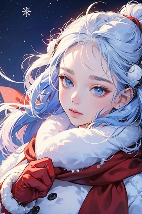 she is a snowman with some snow styled as hair on her head and . sHe also has snow ears shaped liked circles and snow ear muffs on the sides of her head. sHe wears a red scarf and red mittens. Her mouth is blue and there are blue snowflakes on her cheeks. ...