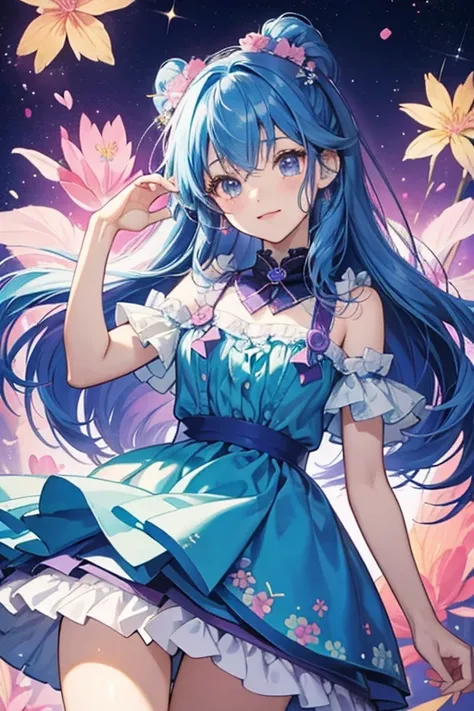 Sora-chan-tchis appearance is based on that of Sora Kazesawa. She resembles a young girl with long blue hair, wearing a blue and purple dress with matching pink flower hair accessory. SPARKLE; GLITTER