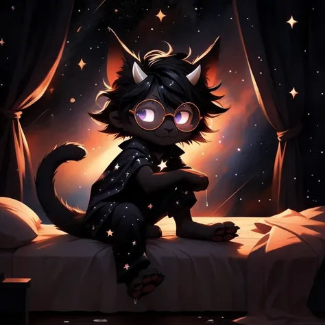 Character (fluffy black fur feline), fur, black, (completely black), (black fur), (black fur), (stars in his fur) (claws on each finger), (black crystal glasses and stars in his glasses with red frame), (huge dark cape in which you see space and many stars...