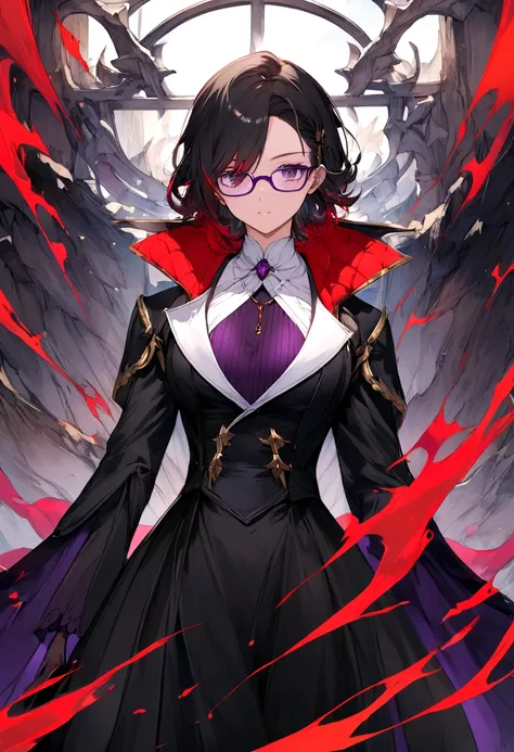 Add a whiter chest and purple glasses、Add black hair with red tips。