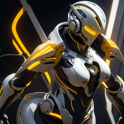 Dronificated unknown woman in a fully enclosed white latex fullbody suit with yellow lights across the suit and star shaped glowing core in the chest, fully enclosed cyber helmet that cover her whole face and hides her identity with only two glowing yellow...