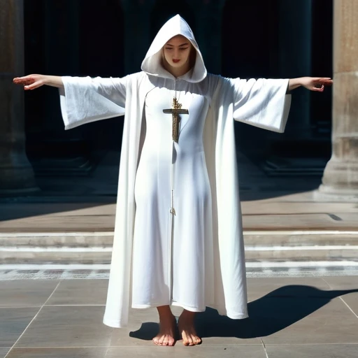 girl, full body, high pose, perfect  pose, model, high stand, cinematic photography, priest suit, long white-thin cloak, hoodie , spread-open hands, blessing gesture, compassionate action, iconic blessing stance, epicRealism, 8k, UHD super detailed, perfec...