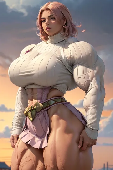 (((((Massive tall, beautiful, buff, light brown skinned muscular woman with shocking pink hair, ginormous bulky muscles and wearing a beautiful white long-sleeved turtleneck sweater with a pleated skirt))))), (close view), (massive muscles), angled bob cut...